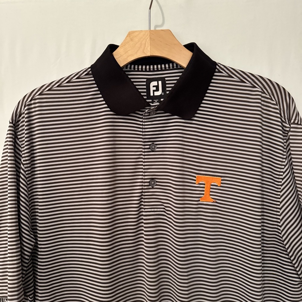 FootJoy Men XL Brown Striped Stretch Performance Polo Golf Shirt Orange T Chest